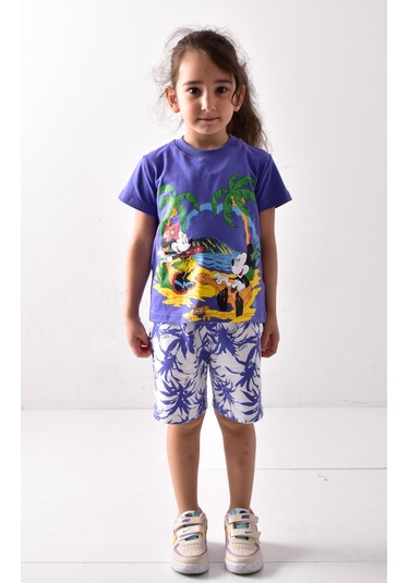 Banadamoda Kız Çocuk Baskılı T-shirt-şort Takımı Mavi