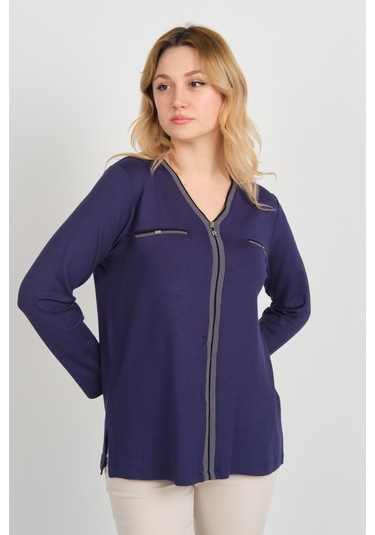 Detay Triko Kadın Süs Cepli Toka Detaylı Uzun Kol Anne Bluz 5717 Mor Mor