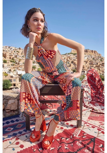 Monamise 23006 Kadın Etnik Desenli Tulum-desenli Çok Renkli