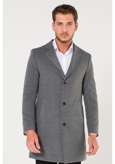 Slim Fit V Yaka Kışlık Gümüş Gri Erkek Kaşe Kaban-Gümüş