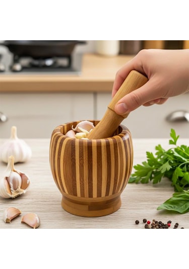 Porsima Pbt-409 Doğal Bambu Havan - Sarımsak Döveceği Ahşap Sarımsak Ezici Havan Döveç Ahşap