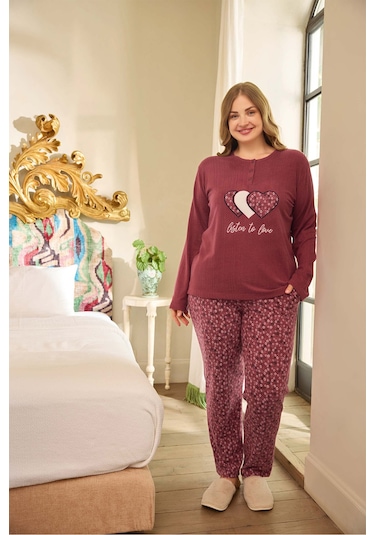 Aydoğan Kadın Suzi Büyük Beden Termal Bordo Pijama Takım 0678 Bordo