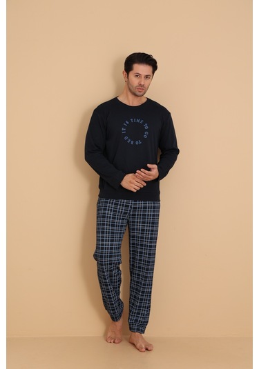 Falkom 7003 İnterlok Kışlık Ekose Pijamalı Erkek Pijama Takımı Lacivert