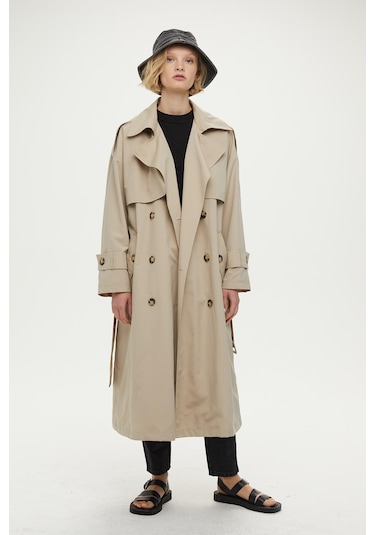 Manuka Düğmeli Kruvaze Trençkot Bej