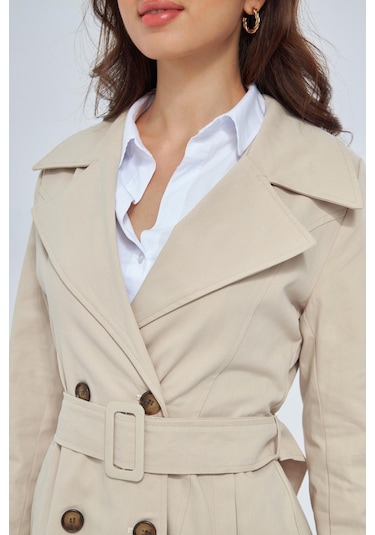 %100 Pamuk Ekstra Uzun 120cm Kruvaze Kadın Trençkot 1121 Taş Rengi Taş