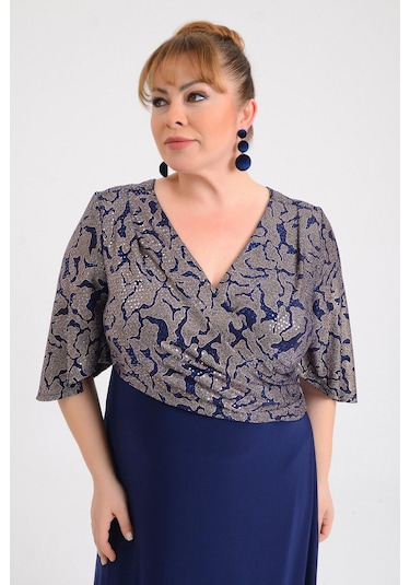 Lilas Xxl Kadın Büyük Beden Kruvaze Yaka Kısa Kollu Uzun Abiye Elbise 9670 Lacivert Lacivert