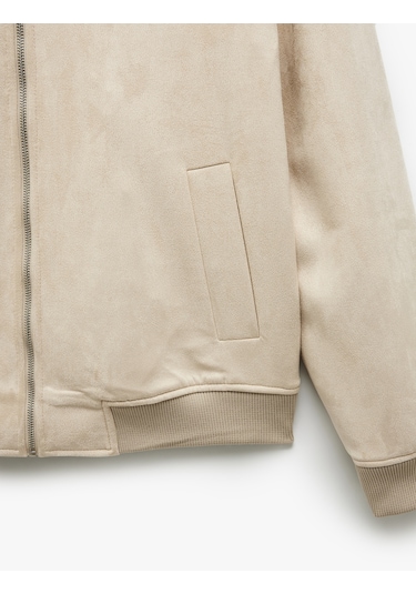 Koton Kolej Yaka Cep Detaylı Uzun Kollu Suni Süet Bomber Ceket Bej 5sam20003hk Ekru