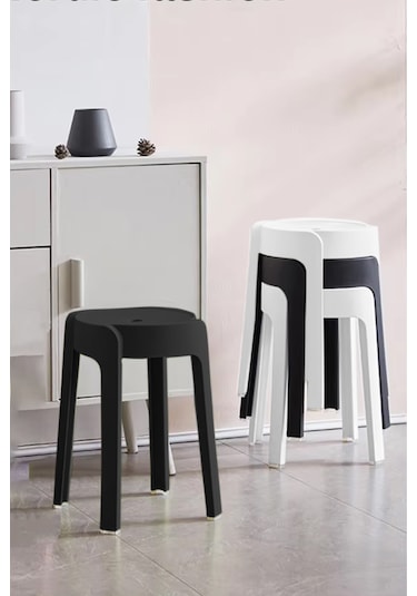 Kaymaz Ayaklı İç İçe Geçebilen Plastik Tabure 4 Adet Siyah-beyaz