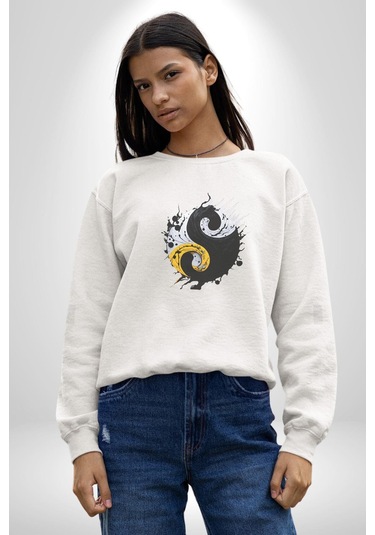 Yin İle Yang Kuramı Unisex Beyaz Baskılı Sweatshirt Beyaz