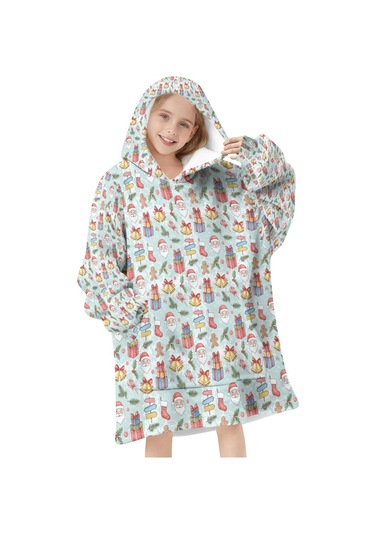 Noel Temalı 6-13 Yaş Çocuk Giyilebilir Battaniye Hoodie, Kalın Peluş, Büyük Boy-a80 Krem - Pembe