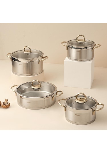 Hisar Orion İndüksiyon Tabanlı 8 Parça Çelik Tencere Seti Titanyum Gold