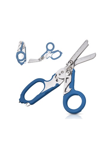 Hfambition Mavi Çok Fonksiyonlu Folding Makas - Dış Mekan Kamp Araçları, Cam Kırıcı, Şişe Açıcı, Ölçü Çizgili Dayanıklı Gereç