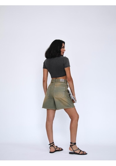 Tint Wash Denim Mini Şort Bej+Yeşiltint