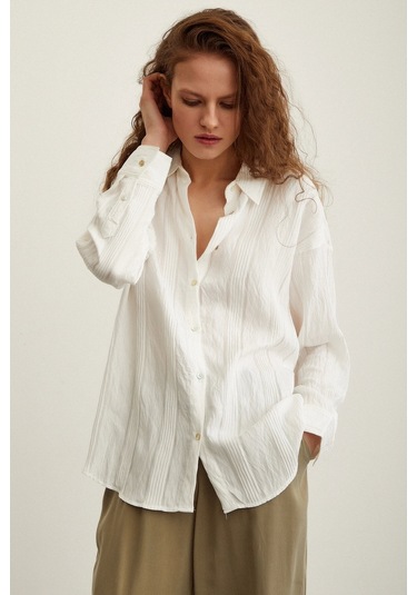 Never More Dokulu Çizgili Gömlek Beyaz