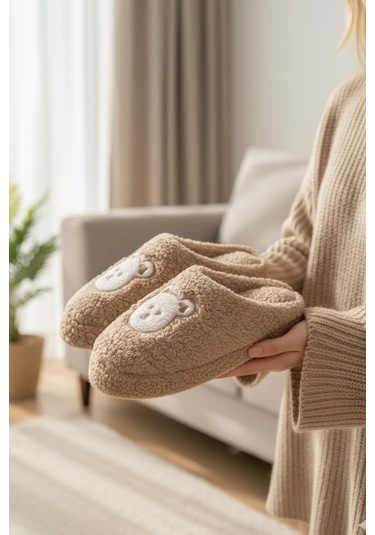 Ft 103 Panda Nakışlı Kadın Ev Terliği Peluş Terlik Çeyiz Ve Bohça Terliği Ses Yapmaz Kalın Taban Camel