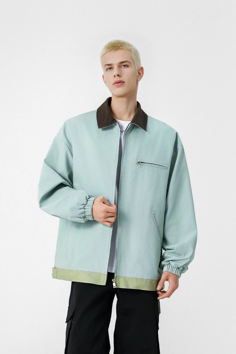 Snapbuy Yıkanmış Denim Ceket, Amerikan Retro Stili, Kontrast Yakalı, Bol Kesim Su Yeşili