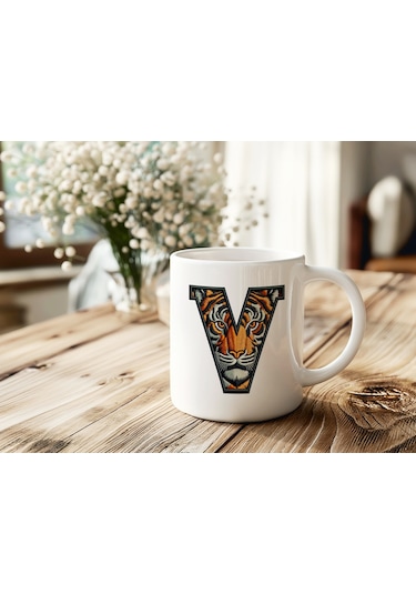 V Harfi Kaplan Figürlü Nakış Desenli Kupa Bardak - Kişiye Özel Vahşi Hayvan Desenli Kupa - Hediye Beyaz