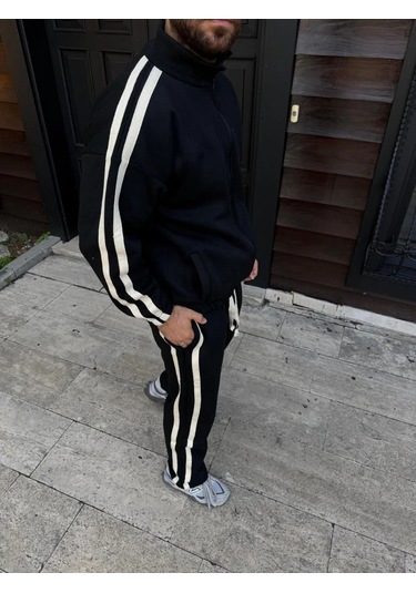 Erkek Çift Şeritli Eşofman Takım Dik Yaka Fermuarlı Sweatshirt Boru Paça Alt, Oversize 3 İplik Pamuk Siyah