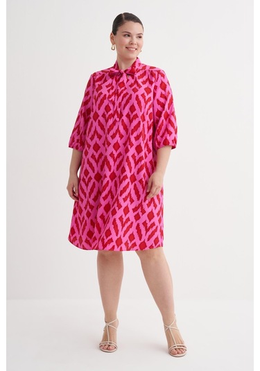 Desenli Fular Yaka Elbise-6232 Pembe