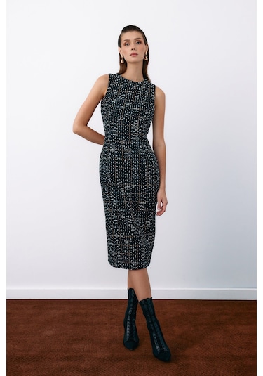 Sateen Kolsuz Tüvit Kalem Elbise - Siyah-135068 Siyah