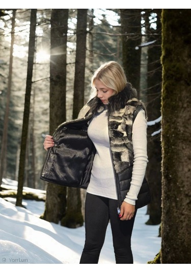 Kadın Kolsuz Hakiki Deri Kürk - Siyah Bordo