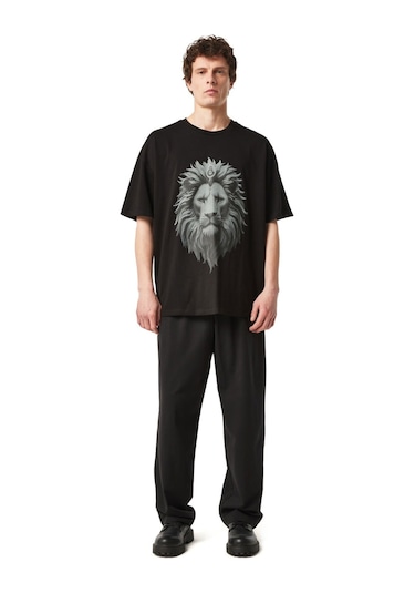 Galatasaray Lisanslı Aslan Baskılı Siyah Erkek T-shirt Siyah
