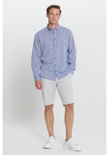 Erkek Lacı Comfort Fit Rahat Kesim Düğmeli Yaka Keten Gömlek Lacı Lacivert