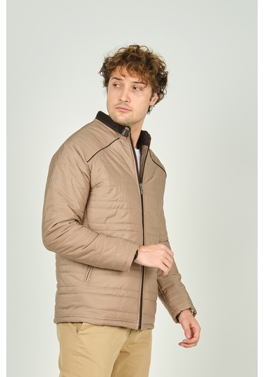 Lucas Erkek Dik Yaka Deri Biyeli Kapitone Mont 4706 Camel Camel