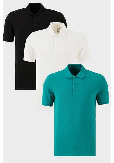 Buratti Pamuklu Regular Fit Düğmeli Polo Yaka 3'Lü Paket Erkek T Shirt 5902127S3 Siyah-Beyaz-Benetton
