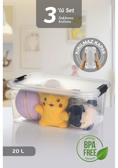 3'lü 20l Multibox Saklama Kabı Kilitli Kapaklı Çok Amaçlı Düzenleyici Kiler Depolama Saklama Kutusu Şeffaf