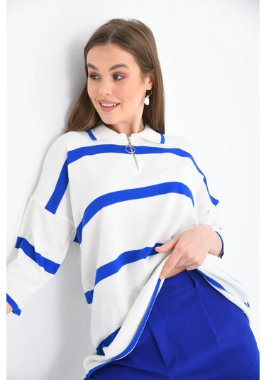 Polo Yaka Fermuarlı Çizgili Salaş Mevsimlik Trko Kazak Saks Saks Mavisi