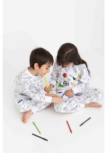 Boyanabilir Çocuk Pijama Takımı Kız Çocuk Pijama Erkek Çocuk Pijama Boya Beyaz