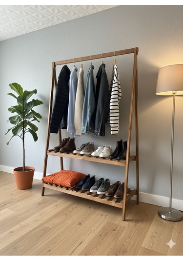 Konfeksiyon Elbise Askılık İki Raflı 148 105 Cm Kahverengi