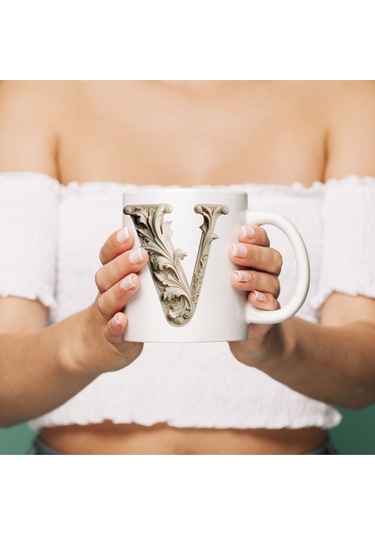 V Harfi Bardak, Monogram 330 Ml Barok Oymalı Görünüm Beyaz