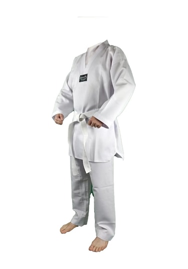 Dragondostore Dragon 10012 Fitilli Kumaş Beyaz Yaka Taekwondo Elbisesi Beyaz