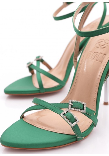 Dgn 1275 Kadin Tokali Bilekten Bağlama Topuklu Ayakkabi Yeşil Saten
