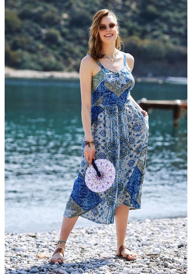 Yırtmaçlı Askılı Bohem Elbise 001