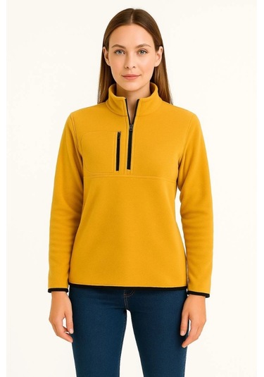 Polar Kazak Dik Yaka, Yarım Fermuarlı, Fermuarlı Göğüs Cepli, Siyah Biyeli, Kışlık Rahat Regular Fit Günlük Model - Sarı Sarı