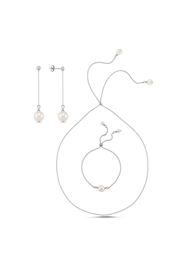 Kadın Zincirli Asansör Model Doğal İnci Küpe Kolye Bileklik Üçlü Set Beyaz Gümüş