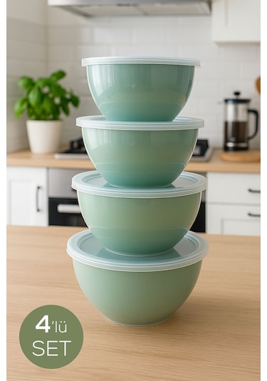 4 Lü Yuvarlak Kase Seti Mint Yeşili 1l, 1.5l, 2.3l, 3.3l Kapaklı Çok Amaçlı Mutfak Saklama Kabı Yeşil