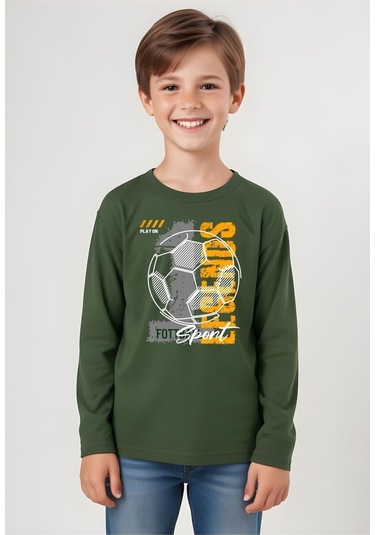 Fyk Kids Erkek Çocuk Baskili Yuvarlak Yaka Sweatshirt Haki Yeşili