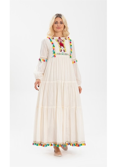 Uzun Kol Şile Bezi Iffet Uzun Elbise Krem