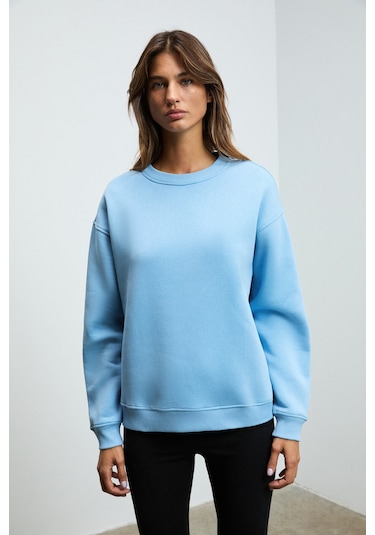 Grimelange Susana Kadın Bisiklet Yaka İçi Polarlı Oversize Fit Basic Mavi Sweatshirt Mavi