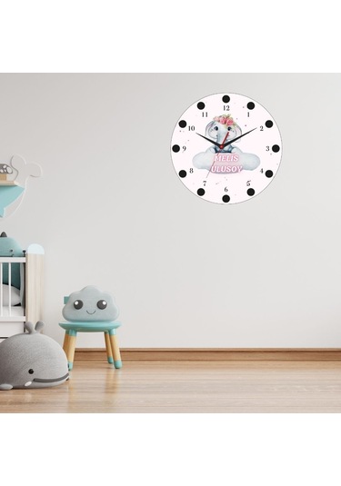 Sevimli Fil Temalı İsimli Cam Duvar Saati Çocuklara Özel Tasarım 20x20 Beyaz