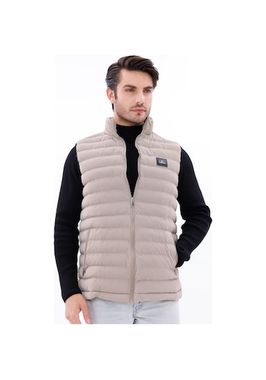 Erkek Nova Kumaş Şişme Yelek Hafif Dolgulu Fermuarlı Cepli Su İtici Rahat Kalıp Krem