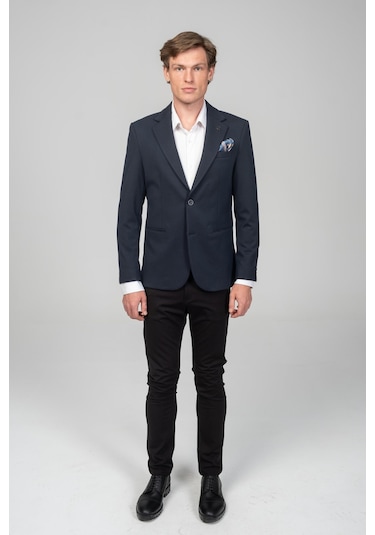 Cekmon Erkek Astarlı Çift Yırtmaçlı Örme Esnek Kumaşdan Yakası Ve Mendili Detaylı Klasik Ceket 001