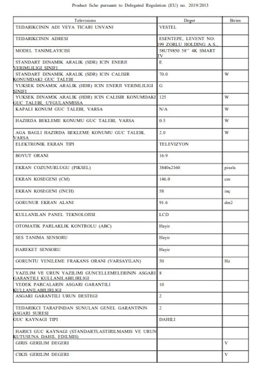 Vestel 58UT9850 58'' 146 Ekran 4K Smart TV