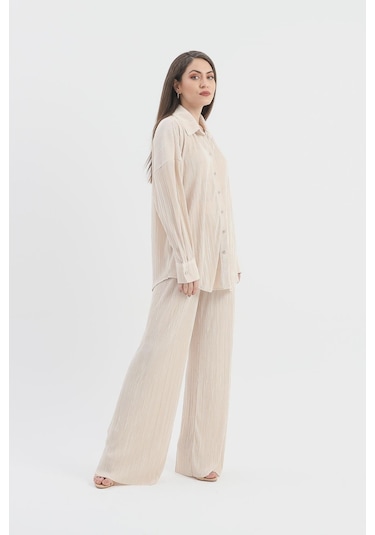 Düğme Detaylı Örme Pilise Takım - Bej-bej Bej