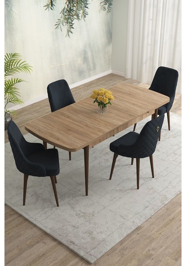 Meri Serisi 80x132 Açılabilir Mdf Meşe Masa Takımı 4 Lacivert Sandalye Kahve Ayak Antrasit