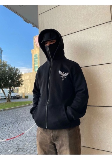 Mbb E-ticaret Erkek 3 İplik Samuray Kapüşonlu Zıp Fermuarlı Sweatshirt Hoodie - Siyah